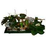 Jardin r�alis� dans un contenant plat et rectangulaire, avec des plantes ext�rieures accompagn�es de branchage.