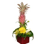 Ananas plus fleurs de saison dans un contenant.