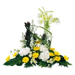 Offrir des fleurs > Devant de tombe moderne compos� de lys, leucoclendron, hortentia, aster, germinis,     bonis, sallal, fosmium (ton jaune/blanc)