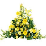 Offrir des fleurs > Devant de tombe classique compos� d`alstromeria, muflier, gerberas, bonis, achil�a, roses, aspidistra, eucalyptus, leucodendron (ton jaune)