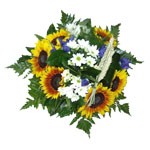 Bouquet rond compos� de santini, iris, h�lianthus, bl� et feuillage sallal, foug�re
