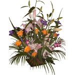 Explosion de couleurs pour cette compositions de roses, de lys, d iris et de dendrobium jaillisant au coeur d un feuillage fin.