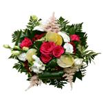 Bouquet rond par masses, travail de feuillages personnalis� avec fils de laiton et nacre.
Pr�sent� dans une r�serve d�eau.
