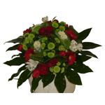 bouquet rond moderne blanc, rouge et vert, compos� de roses, santinis, alstrom�rias et germinis 