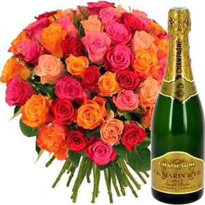 30 ROSES VARIEES+CHAMPAGNE