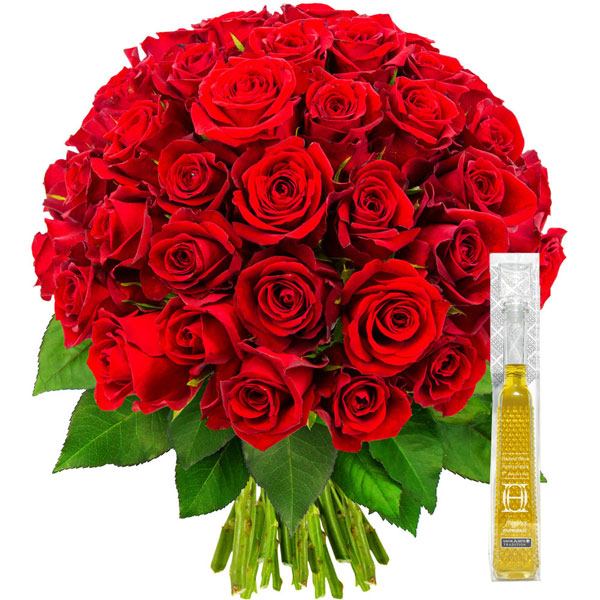 Bouquet de roses 50 ROSES ROUGES + HUILE D'OLIVE