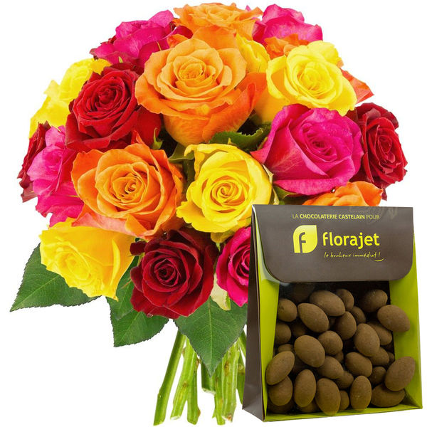 Cadeaux Gourmands 20 ROSES MULTICOLORES + AMANDES CACAOTEES