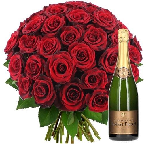 Bouquet de roses 40 ROSES ROUGES + CHAMPAGNE PIERREL