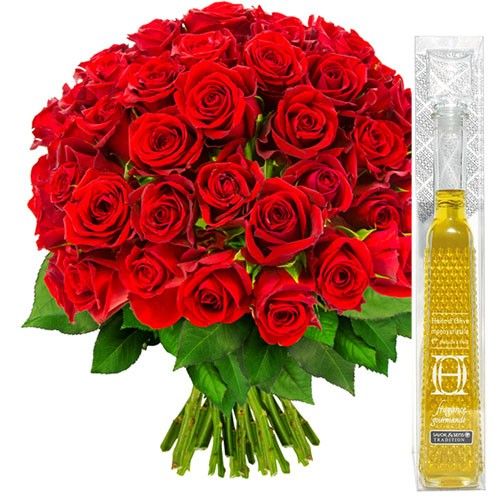 Bouquet de roses 60 ROSES ROUGES + HUILE D'OLIVE