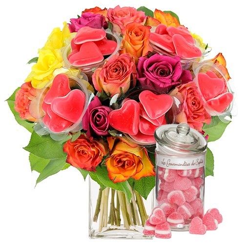 Bouquet de roses 20 ROSES MULTI+10 COEURS ROUGES + MINICOEUR