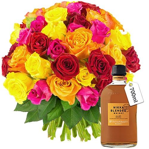 Cadeaux Gourmands 60 ROSES MULTICOLORES + WHISKY