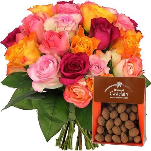Cadeaux Gourmands 20 ROSES MULTICOLORES + AMANDES CACAOTEES