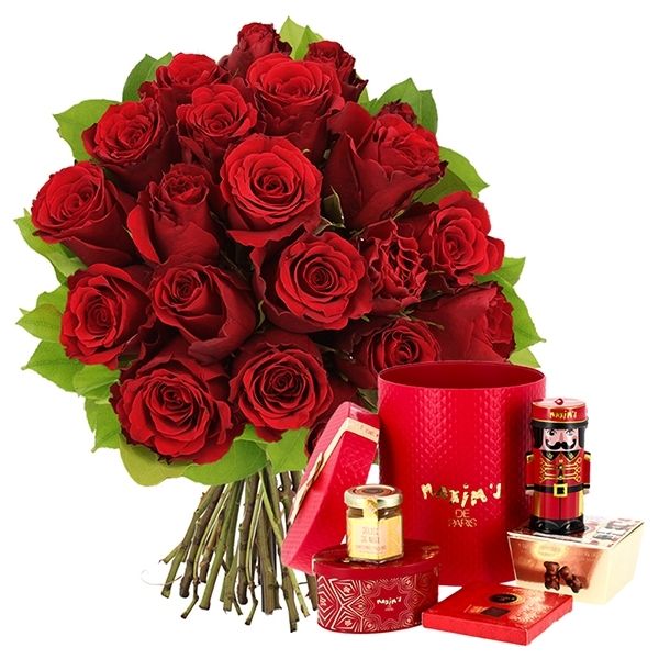 Fleurs et cadeaux 20 ROSES ROUGES + COFFRET AU PIED DU SAPIN