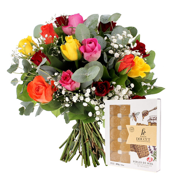 Fleurs et cadeaux 15 ROSES MULTICOLORES + GYPSOPHILE+ PERLES DE MIEL