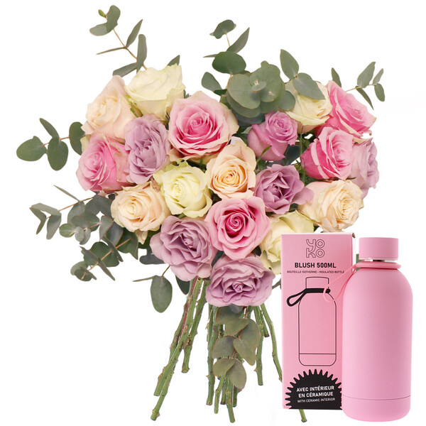 Fleurs et cadeaux COEUR DE ROSES PASTEL + BOUTEILLE ISOTHERME ROSE