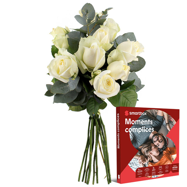 Fleurs et cadeaux BOUQUET DE 10 ROSES BLANCHES FRANÇAISES + SMARTBOX