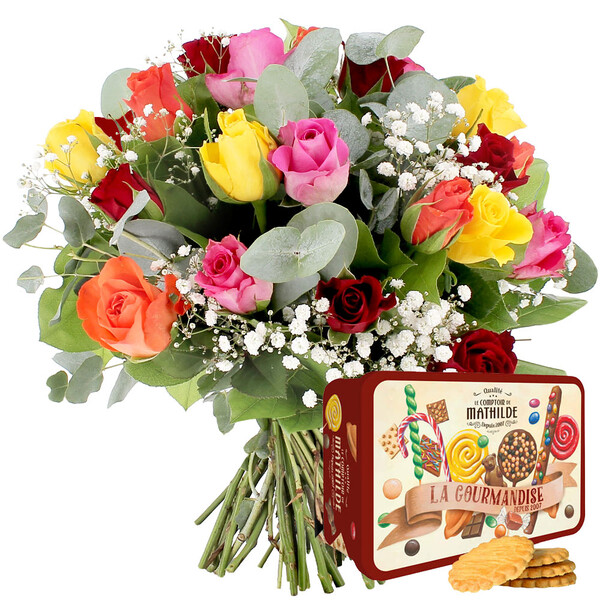 Fleurs et cadeaux 20 ROSES MULTICOLORES + GYPSOPHILE +BOITE BISCUITS