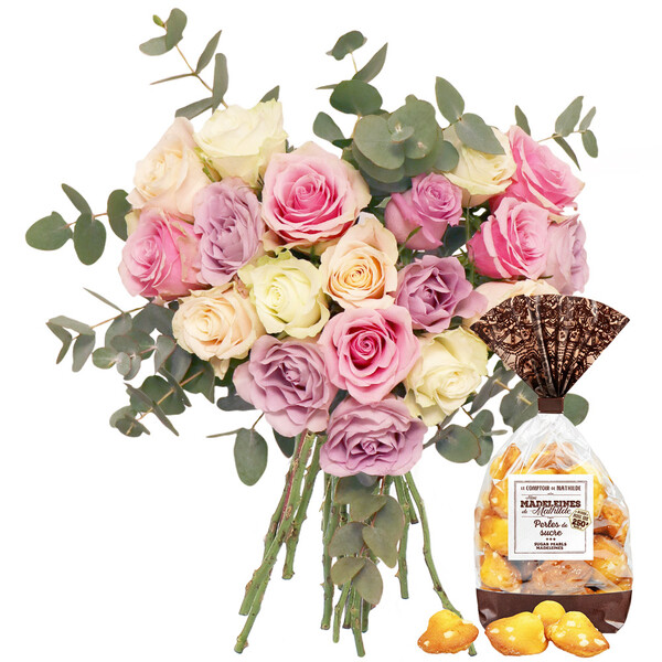 Fleurs et cadeaux COEUR DE ROSES PASTEL + MADELEINES