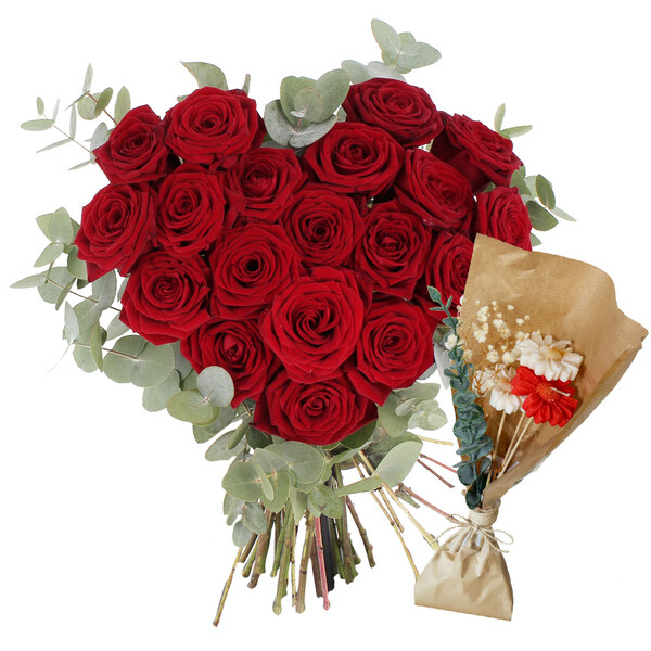 Fleurs et cadeaux COEUR DE ROSES ROUGES + BOUQUET BOUGIES