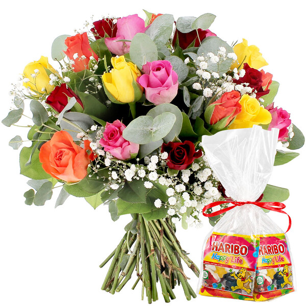 Fleurs et cadeaux 20 ROSES MULTICOLORES + GYPSOPHILE + BONBONS