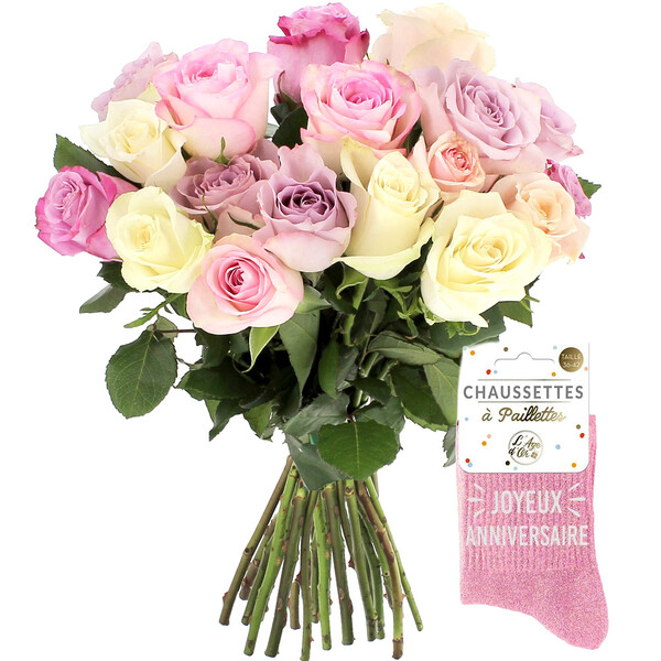 Fleurs et cadeaux 20 ROSES PASTEL + CHAUSSETTES PAILLETTES