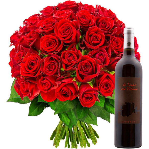 Cadeaux insolites 60 ROSES ROUGES + VIN ROUGE