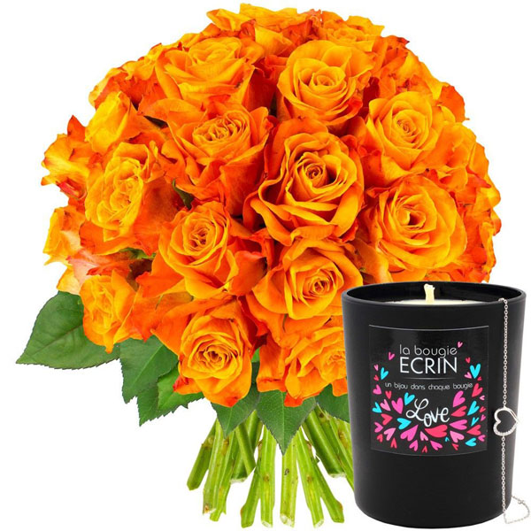 Cadeaux Bien-Etre 30 ROSES ORANGE + BOUGIE-BIJOU LOVE