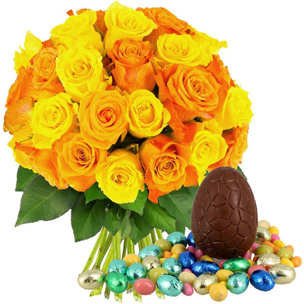 Bouquet de roses 30 ROSES JAUNES ET ORANGE + OEUFS