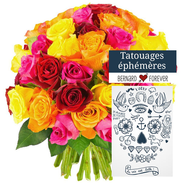 Bouquet de roses 50 ROSES MULTICOLORES + TATOUAGE