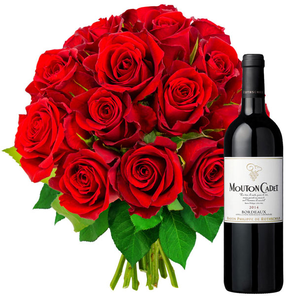 Bouquet de roses 15 ROSES ROUGES + VIN ROUGE