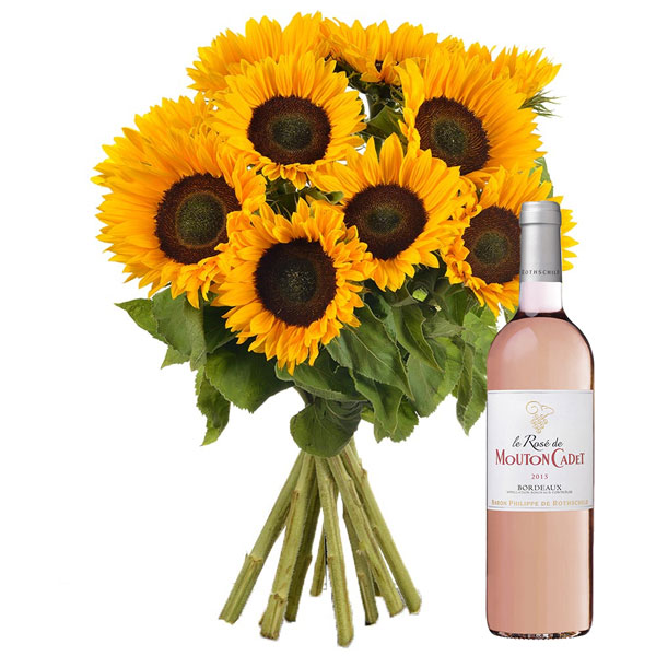 Cadeaux insolites "BOUQUET DE TOURNESOLS + VIN ROSé" Livraison