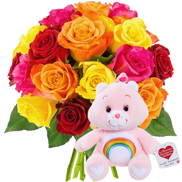Cadeaux insolites 20 ROSES MULTICOLORES + BISOUNOURS ROSE