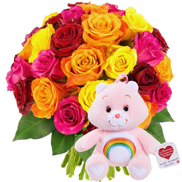 Cadeaux insolites 30 ROSES MULTICOLORES + BISOUNOURS ROSE