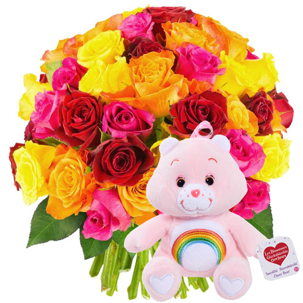 Cadeaux insolites 50 ROSES MULTICOLORES + BISOUNOURS ROSE