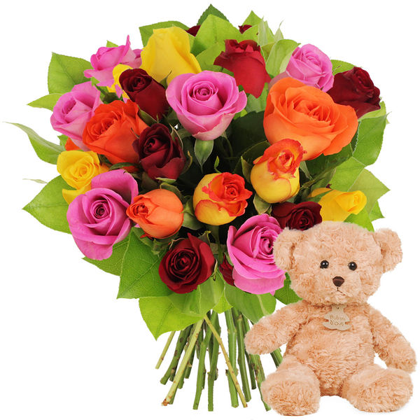 Fleurs et cadeaux 20 ROSES MULTICOLORES + OURS BRUN