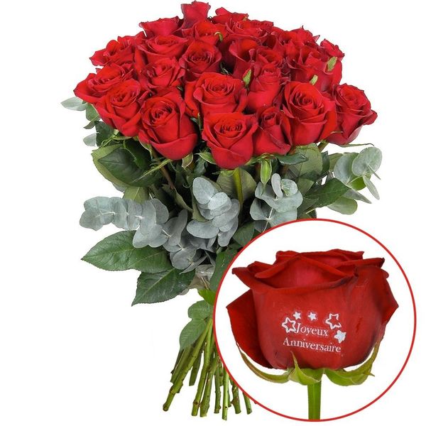 Bouquet de roses 23 + 1 ROSE MARQUEE JOYEUX ANNIVERSAIRE 60CM