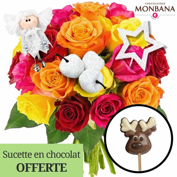 Cadeaux Gourmands 20 ROSES MIX + SUCETTE RENNE EN CHOCOLAT + 3 PICS