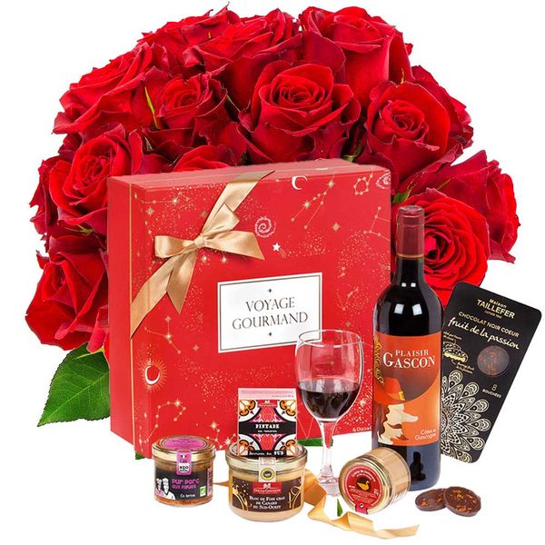 Cadeaux Gourmands 20 ROSES ROUGES + COFFRET VOYAGE GOURMAND