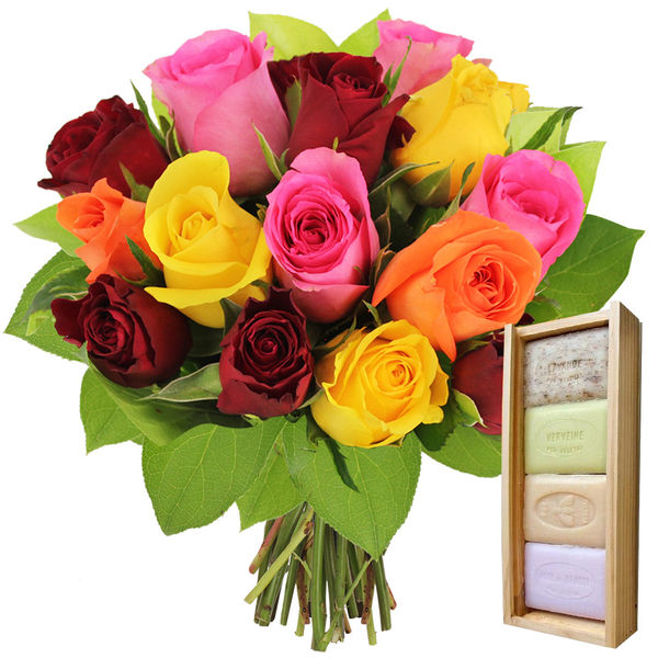 Cadeaux Bien-Etre 15 ROSES MULTICOLORES + COFFRET 4 SAVONS