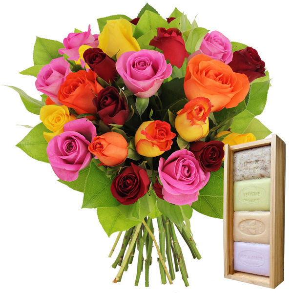 Fleurs et cadeaux 20 ROSES MULTICOLORES + PLUMIER 4 SAVONS