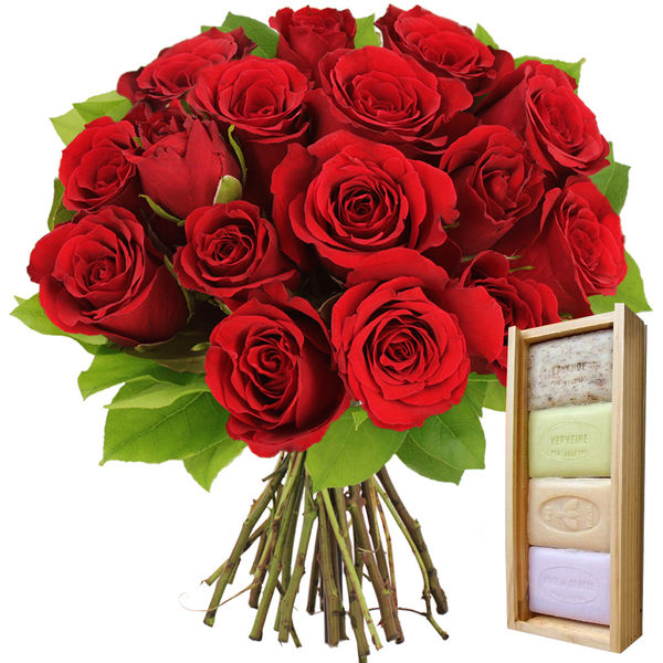 Cadeaux Bien-Etre 15 ROSES ROUGES + PLUMIER 4 SAVONS