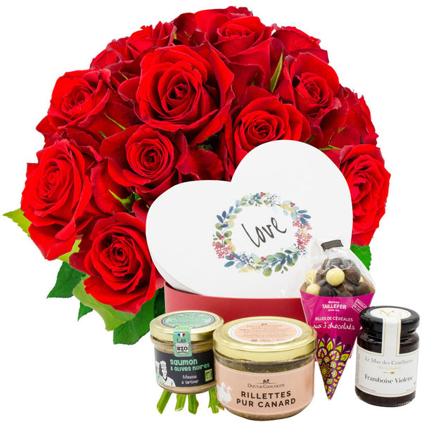 Cadeaux Gourmands 15 ROSES ROUGES + COFFRET LOVE