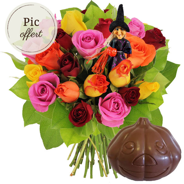 Cadeaux insolites 20 ROSES MIX + PIC SORCIERE OFFERT + CITROUILLE