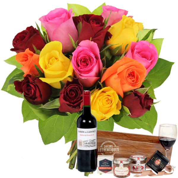 Cadeaux Gourmands 15 ROSES MULTICOLORES + SAVEURS AUTHENTIQUES