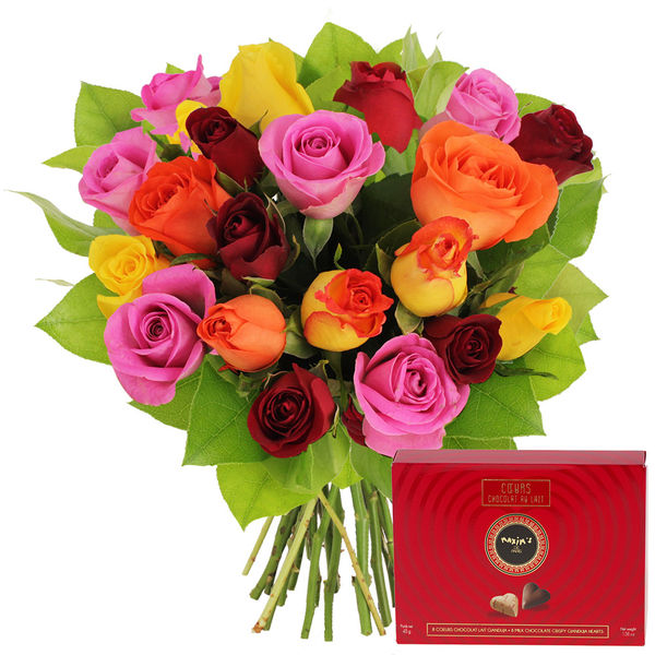 Cadeaux Gourmands 20 ROSES MULTICOLORES + 8 COEURS CHOCOLAT