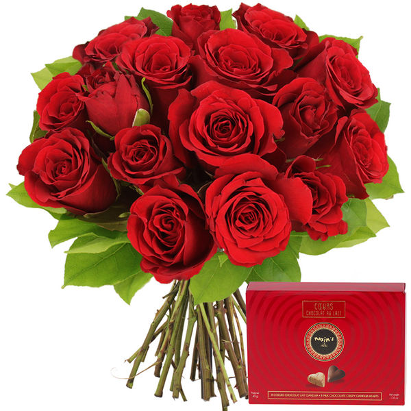 Cadeaux Gourmands 15 ROSES ROUGES + 8 COEURS CHOCOLAT