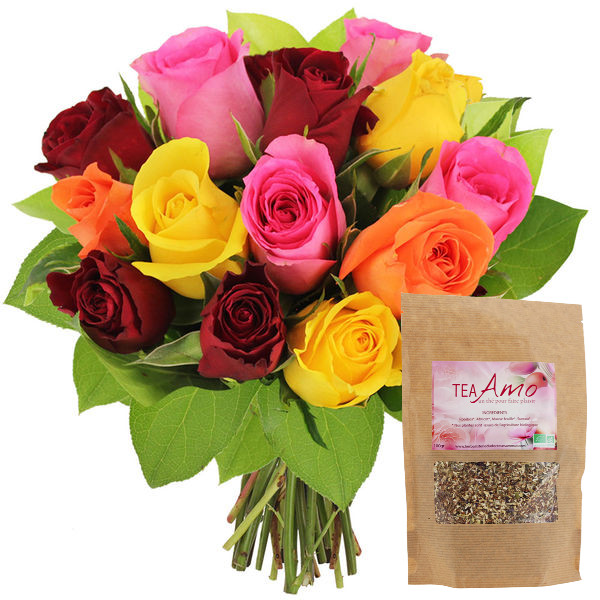 Fleurs et cadeaux 15 ROSES MULTICOLORES + THE BIO TEA AMO