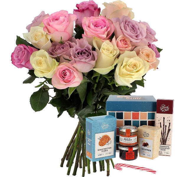 Fleurs et cadeaux 20 ROSES PASTEL + COFFRET LES DÉLICES