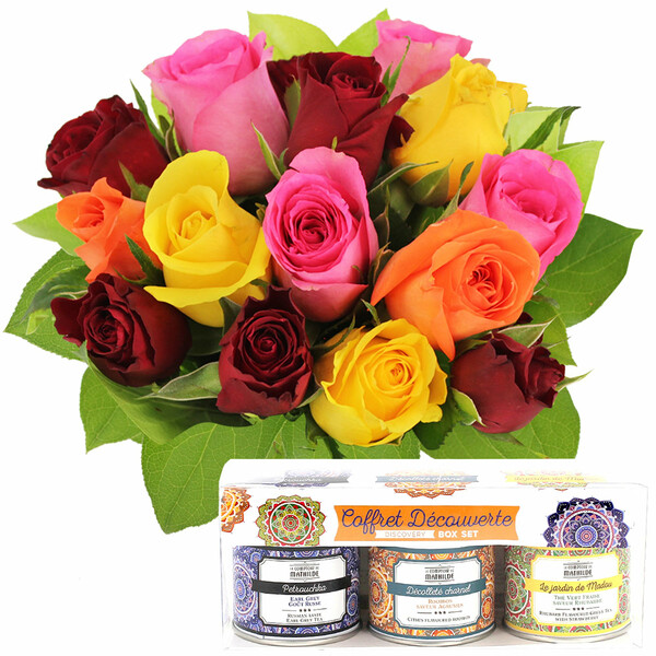 Fleurs et cadeaux 15 ROSES MULTICOLORES + COFFRET DECOUVERTE