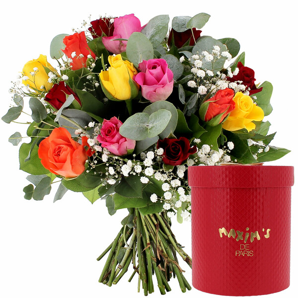 Fleurs et cadeaux 15 ROSES MULTICOLORES + GYPSOPHILE + COFFRET